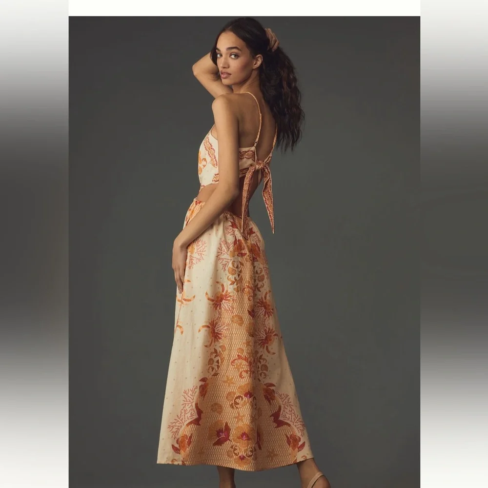 Farm Rio Halter Cutout Dress Anthropologie Scarf Beach Starfish Peach XL NWT - Picture 2 of 8